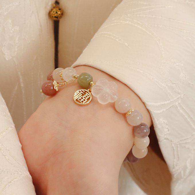 中式氣質天然紫太翠玉髓福氣花朵手鏈 新年過年開運串珠手鍊