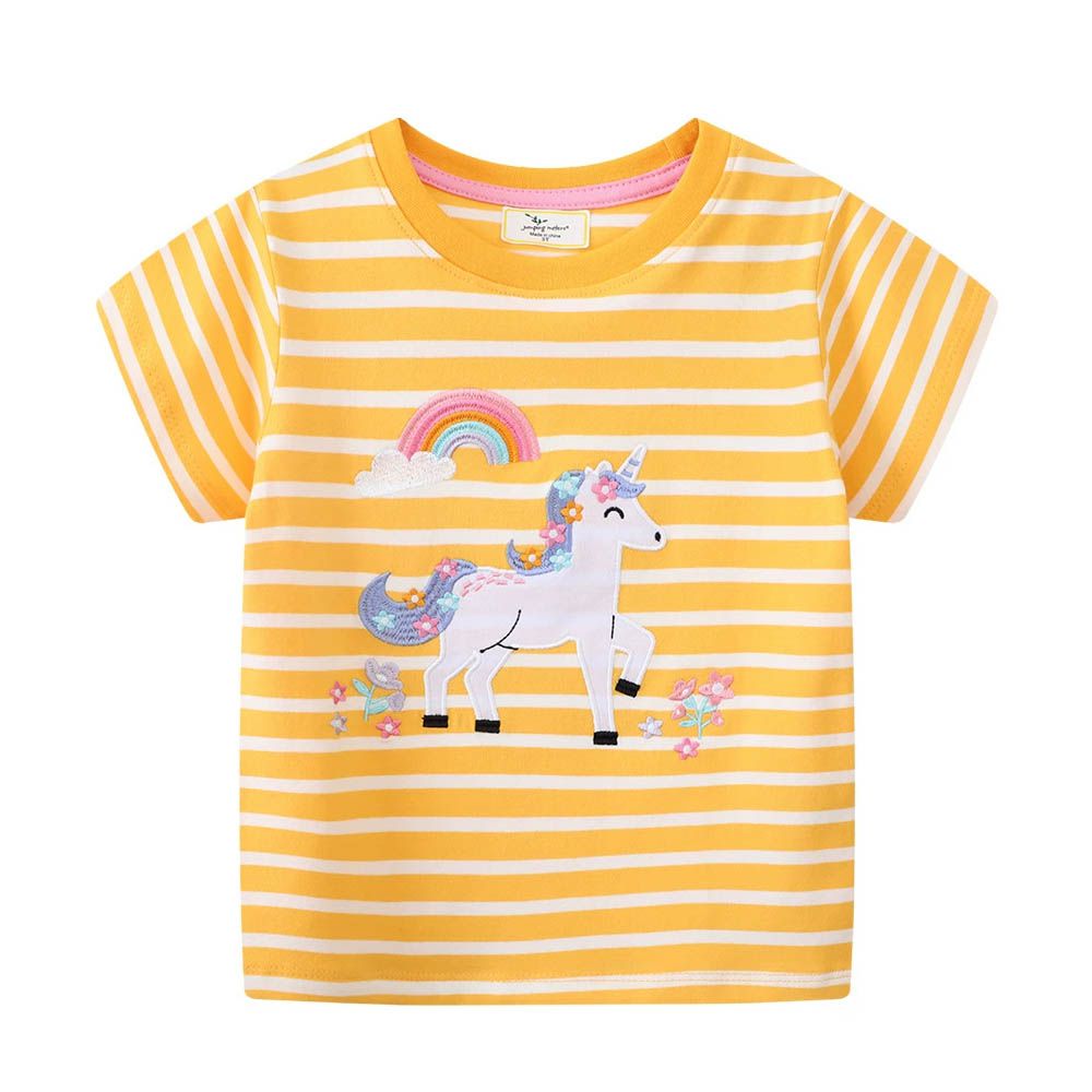 棉質圓領短袖上衣-彩虹花獨角獸-黃色條紋