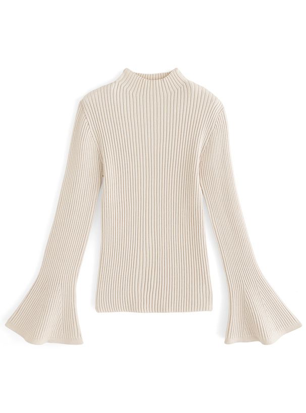 日本 GRL - 微喇叭袖彈性薄針織上衣-奶茶