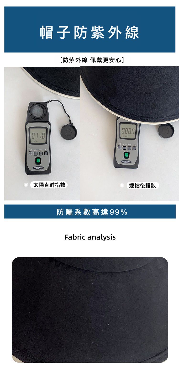 黑膠涼感防紫外線大帽簷空頂遮陽帽-可調節款-黑色