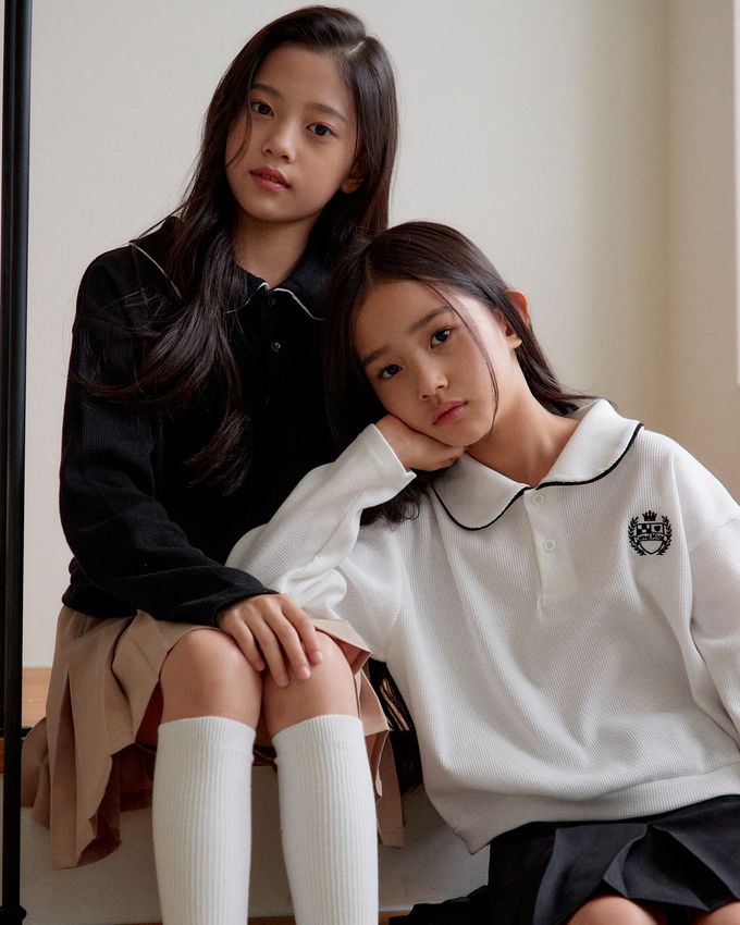 韓國 sm2 - 學院風格鬆餅紋長袖翻領上衣-黑