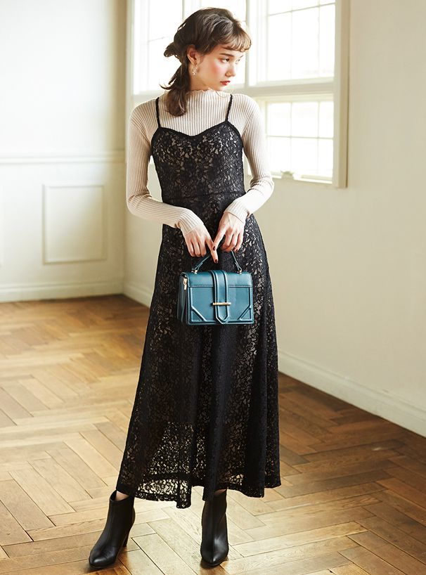 日本 GRL - 午夜緹花收腰兩件式吊帶洋裝-灰杏x黑