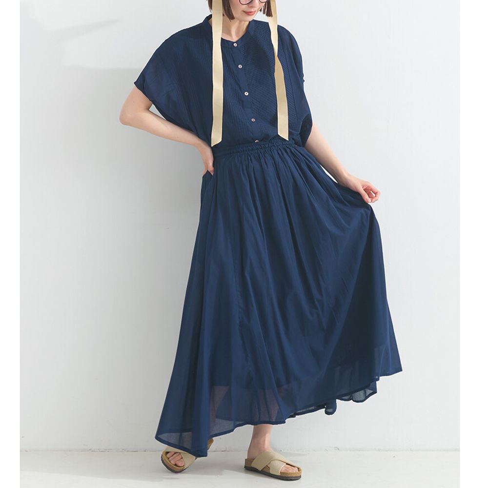 100%印度棉 清爽飄逸素色長裙-海軍藍