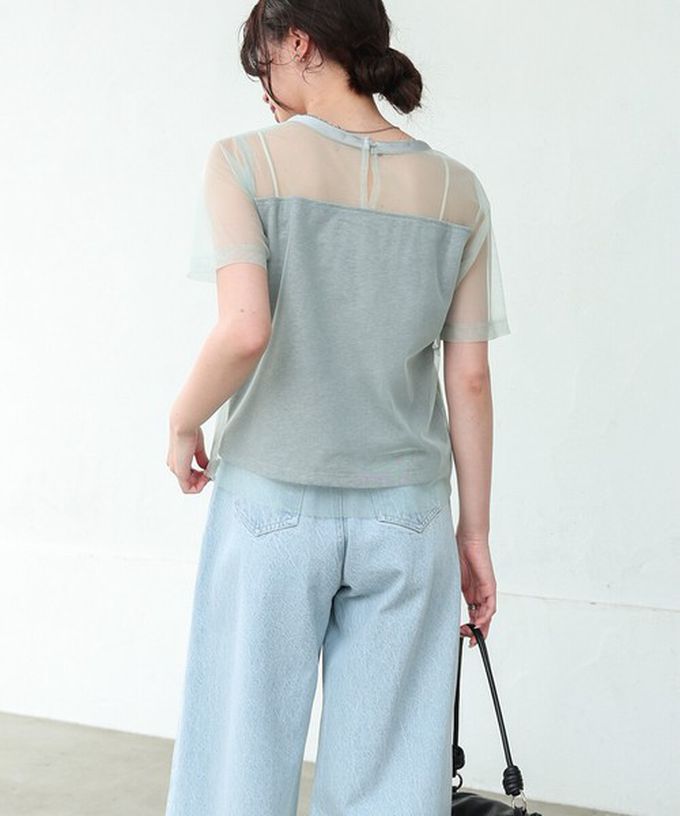 日本 Bab - 個性風透膚薄紗層次短袖上衣-英文字印花-綠