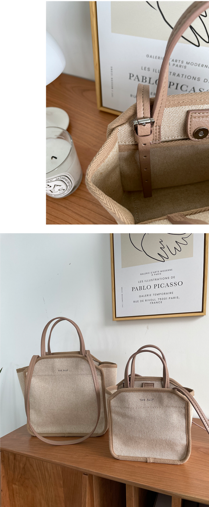 韓國 THEALLY - 質挺帆布方包手提/肩背包-牛奶糖 (迷你)