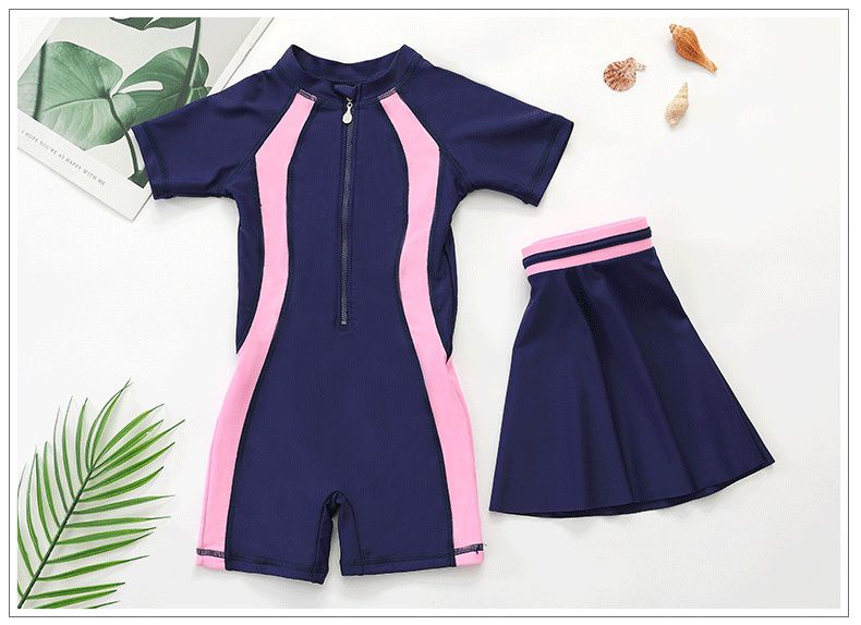 運動風短袖連身泳裝-裙子款-粉+藍