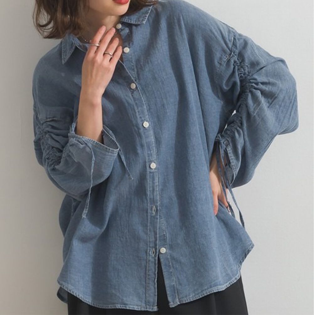 微透膚丹寧風柔美抽繩長袖襯衫-中藍