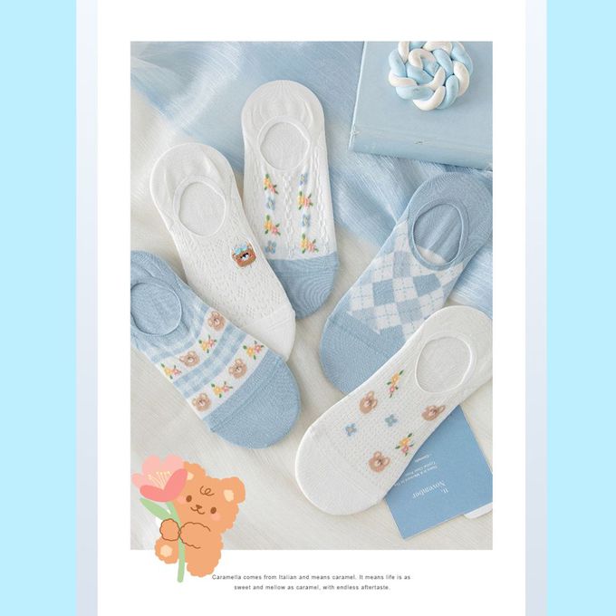 淺藍系格子小熊隱形棉襪