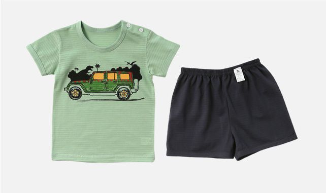 韓國 Puco - 有機棉透氣短袖家居服-恐龍車車