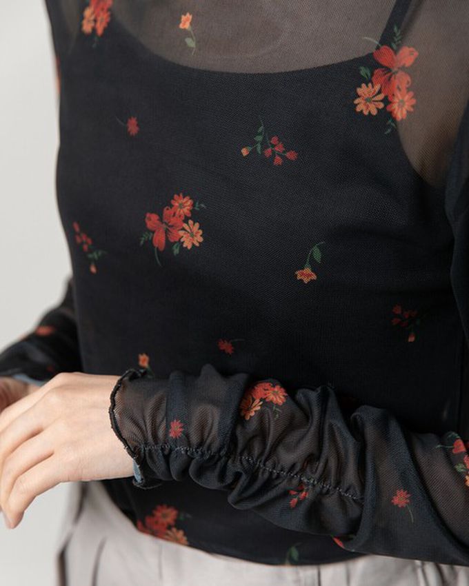 日本 gleam - 優雅小花木耳邊透膚高領長袖上衣-咖啡x黃花