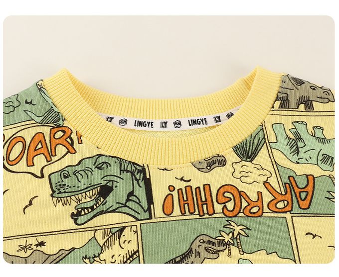 童趣圓領長袖上衣-漫畫恐龍-黃色