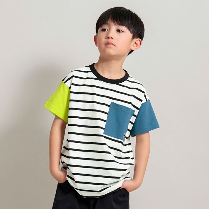 日本 BRANSHES - 純棉簡約大口袋短袖上衣-撞色-藍灰