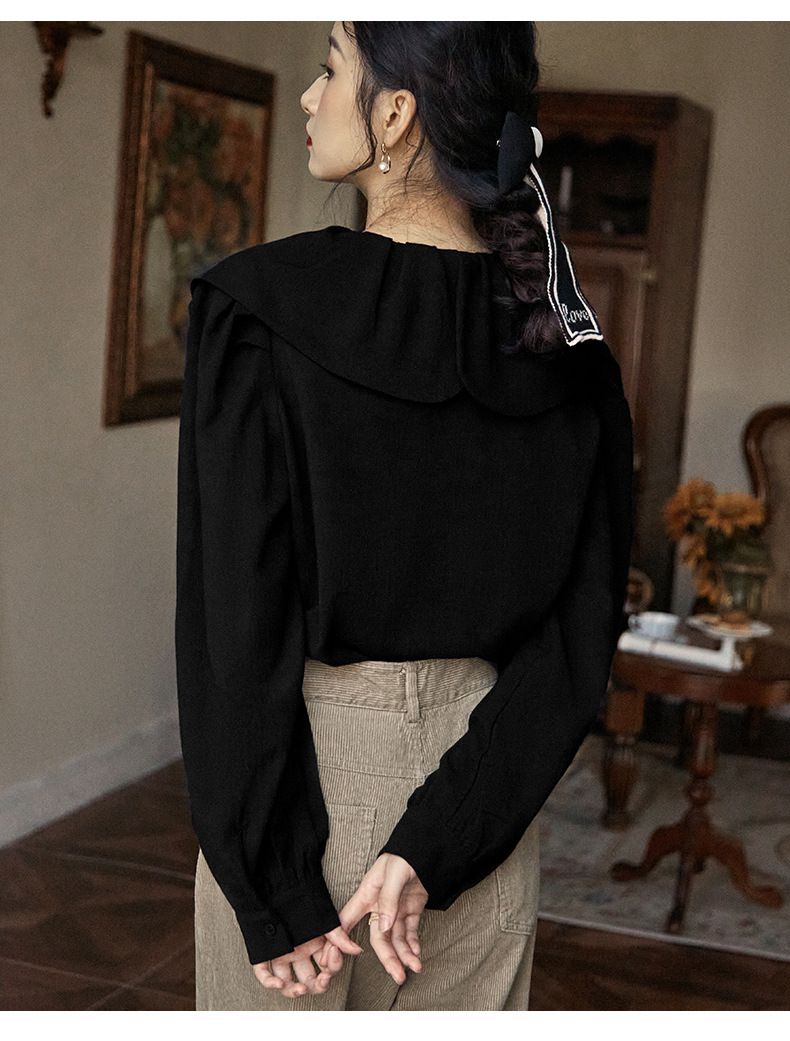 娃娃領長袖襯衫-黑色