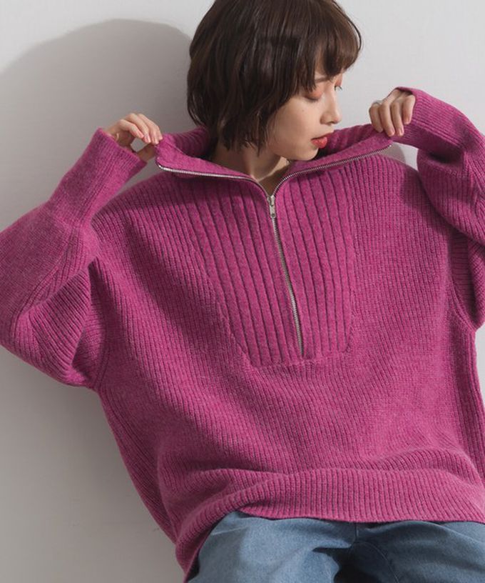 日本 ELENCARE DUE - 優雅線條感半拉鍊長版針織高領上衣-卡其