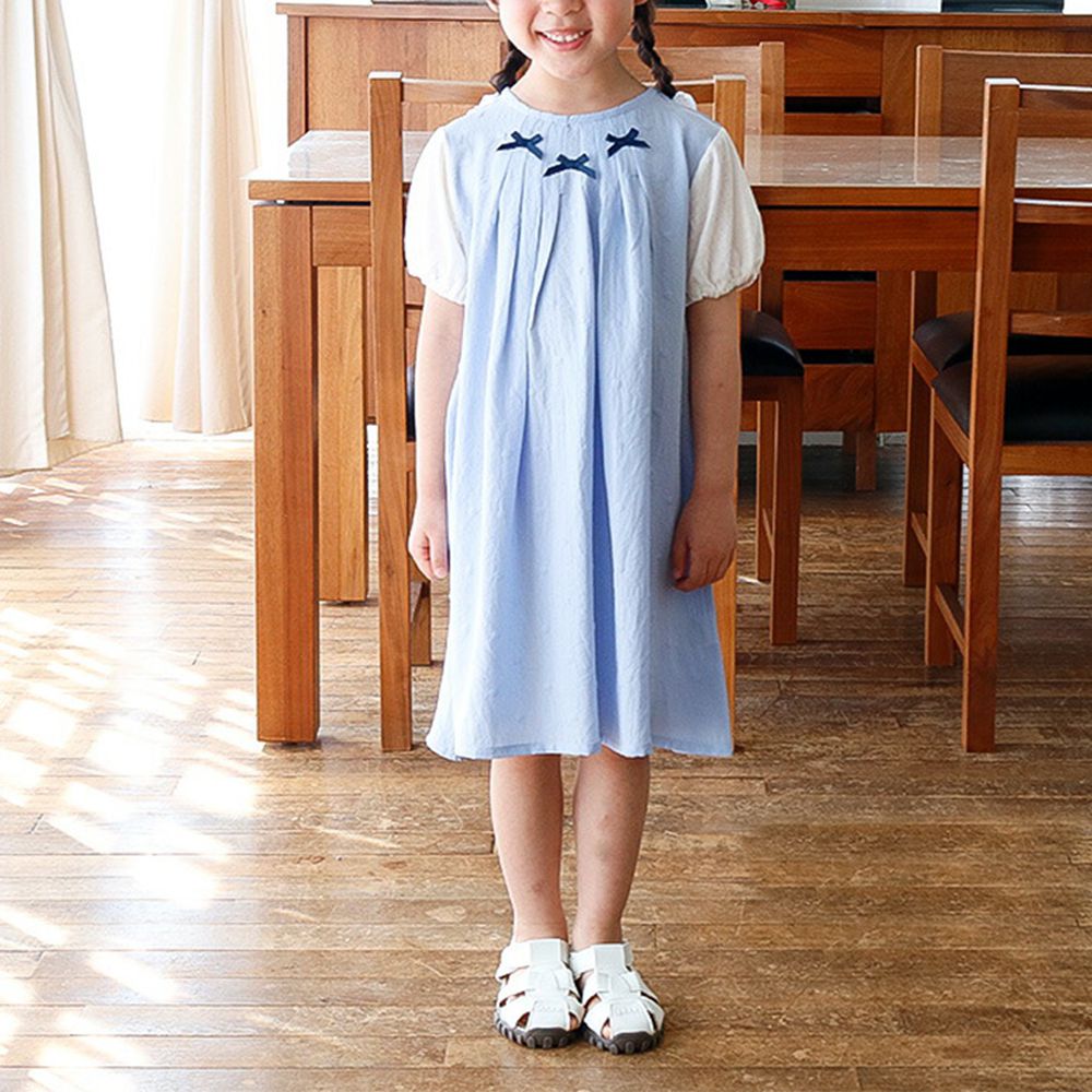 清爽緞帶少女緹花泡泡短袖洋裝-水藍