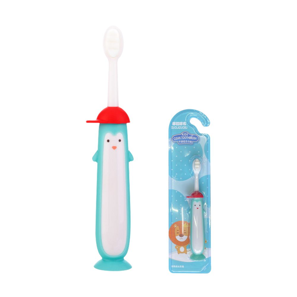 2支入-站立吸盤幼兒牙刷 寶寶牙刷 軟毛學習牙刷-企鵝站立款-綠色+隨機1入