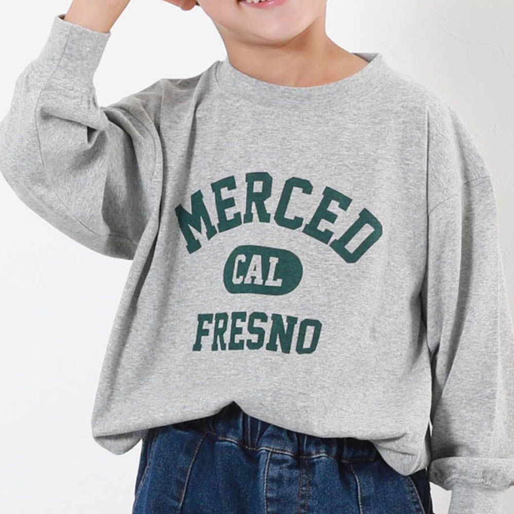 100%棉 定番印花寬版長袖上衣-MERCED-雜灰