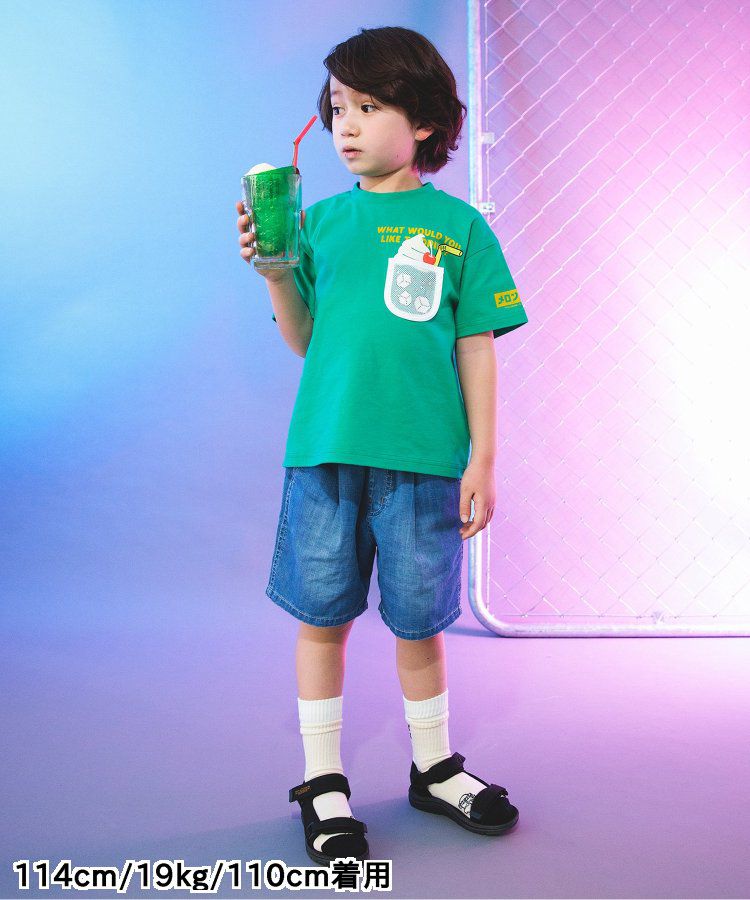 日本 BREEZE - 夏日祭典逗趣刺繡手巾牛仔短褲-幽默師匠-淺藍