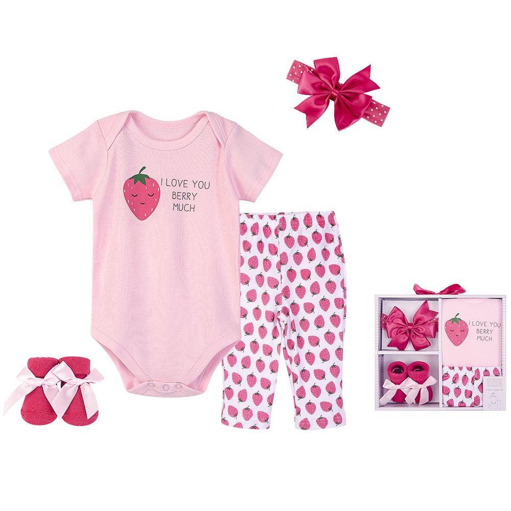 美國 Luvable Friends - 甜蜜寶貝嬰幼兒包屁衣與長褲最佳送禮 4入彌月禮盒組-草莓果醬 (0-6M)
