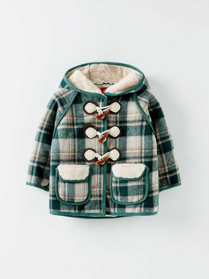 韓國 OZKIZ - 柔軟絨毛牛角釦連帽外套/大衣-綠