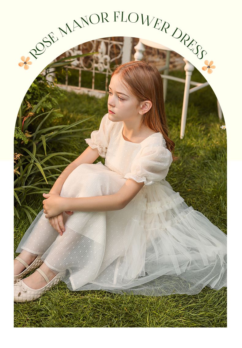 Little Deeyoo - 方領公主袖網紗蛋糕連身洋裝-米白色