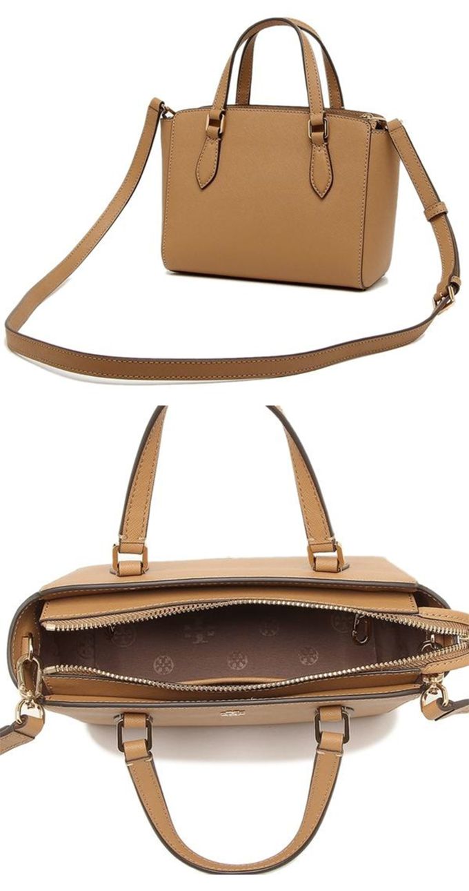 Tory Burch - 雙T-LOGO素面皮革兩用包 (焦糖)