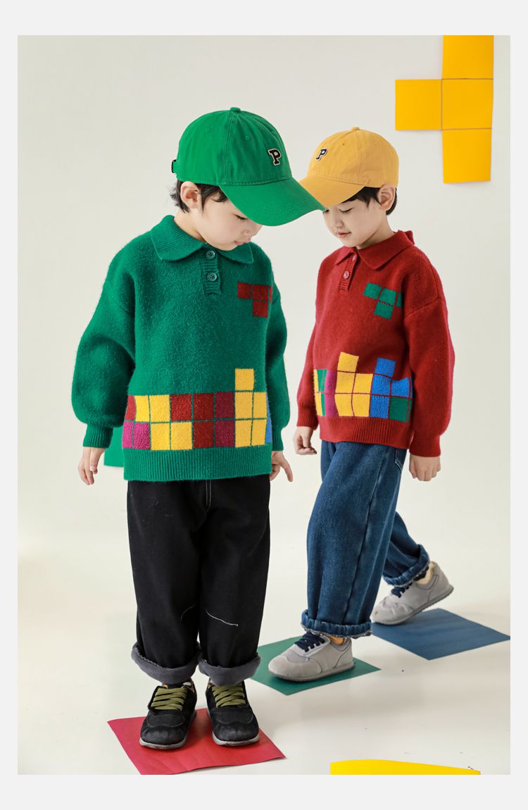 TONGMO - 復古Polo翻領針織長袖毛衣-俄羅斯方塊-黑色