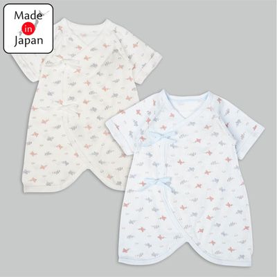 akachan honpo - 新生兒7分袖蝴蝶裝2件組-綁帶款飛機-淺藍色 (50~60cm)
