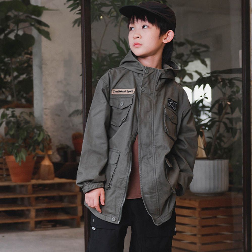 純棉多口袋工裝連帽外套-軍綠