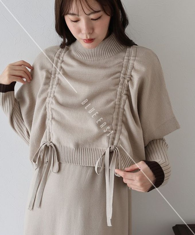 日本 BLUE EAST - [經典款]氣質針織斗篷綁帶長袖洋裝2件組-灰棕