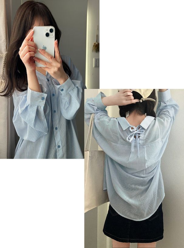 日本 GRL - 可愛後綁帶翻領長袖襯衫-簡約黑 (F)