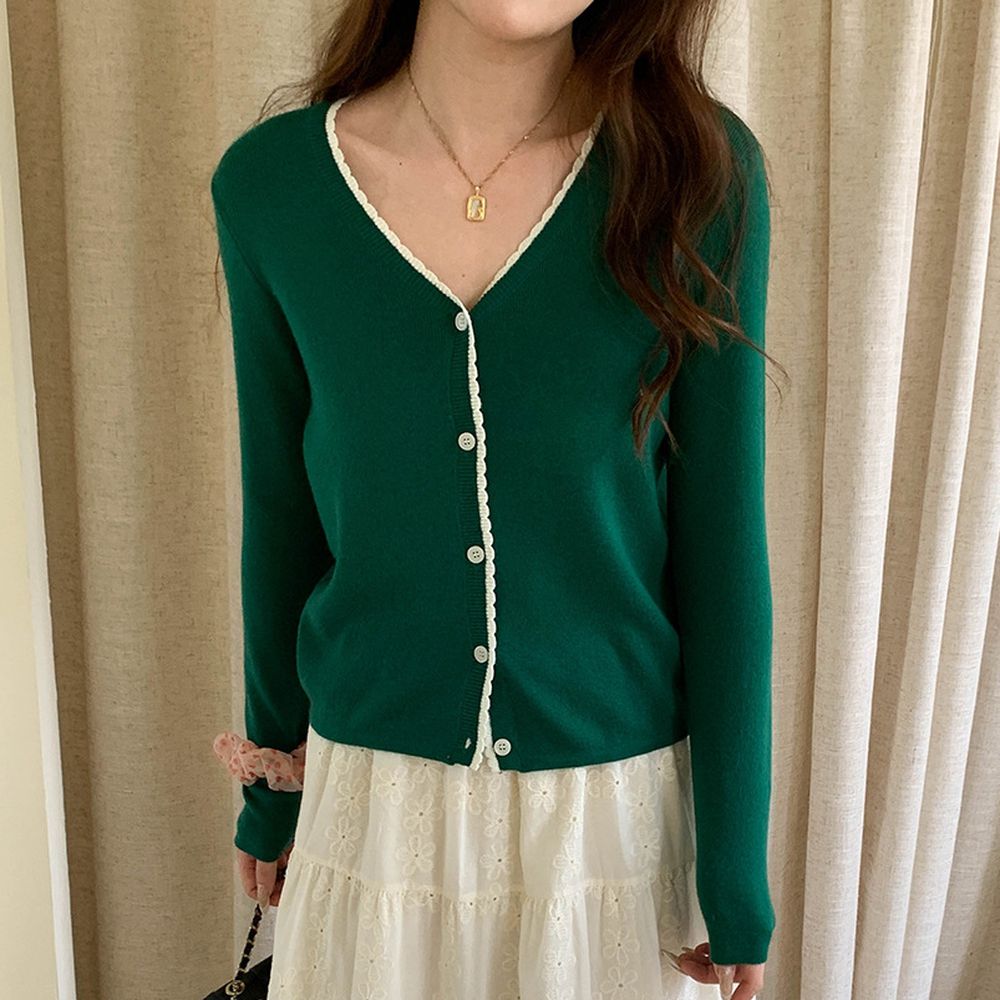 撞色鈎花顯瘦V領長袖針織外套-綠 (F)