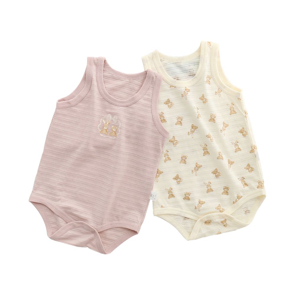 2件入-純棉無袖包屁衣 薄棉春夏嬰兒服 連身衣 睡衣-蘋果小狗2件組