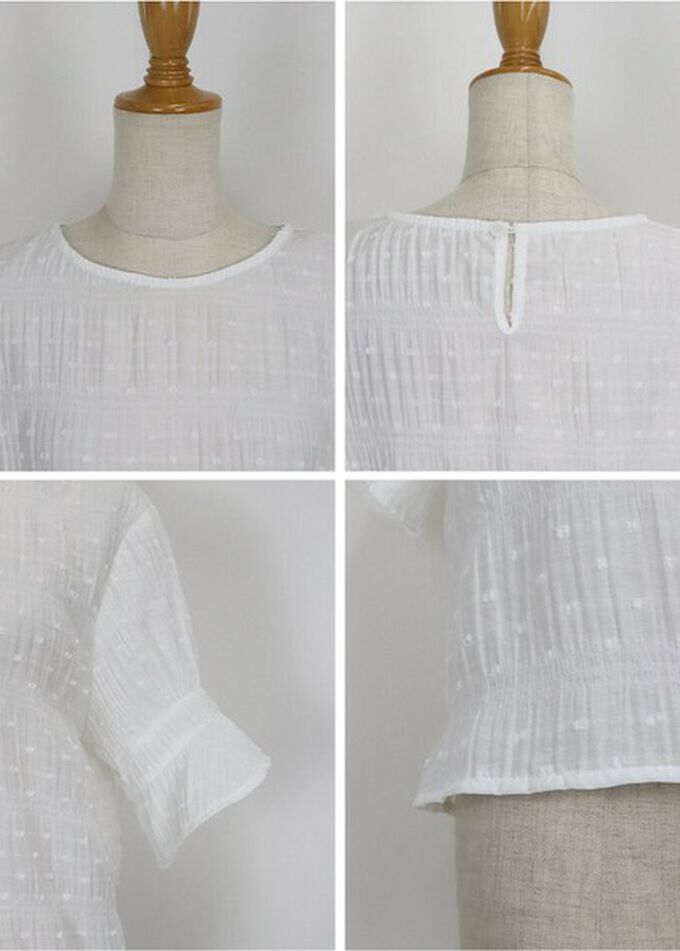 日本 BLUE EAST - 細緻圓點緹花透膚短袖上衣-卡其