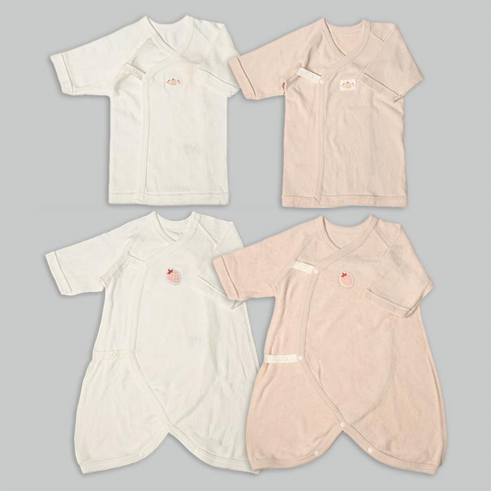 akachan honpo - 長袖新生兒內衣4件組-按扣款 毛圈布 草莓-粉紅色 (50~60cm)