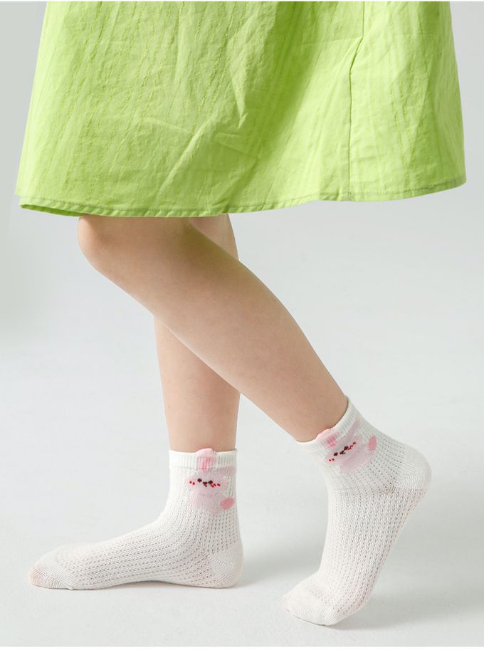 可愛粉紅兔蝴蝶結網眼短筒棉襪