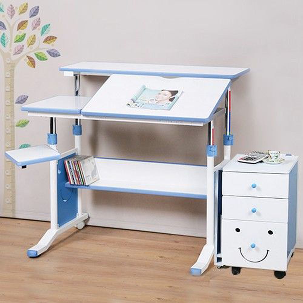 創意小天才 - 第五代兒童專用調節桌(90公分寬)+MORE FUN 可加寬三抽櫃/兒童書桌-活力藍