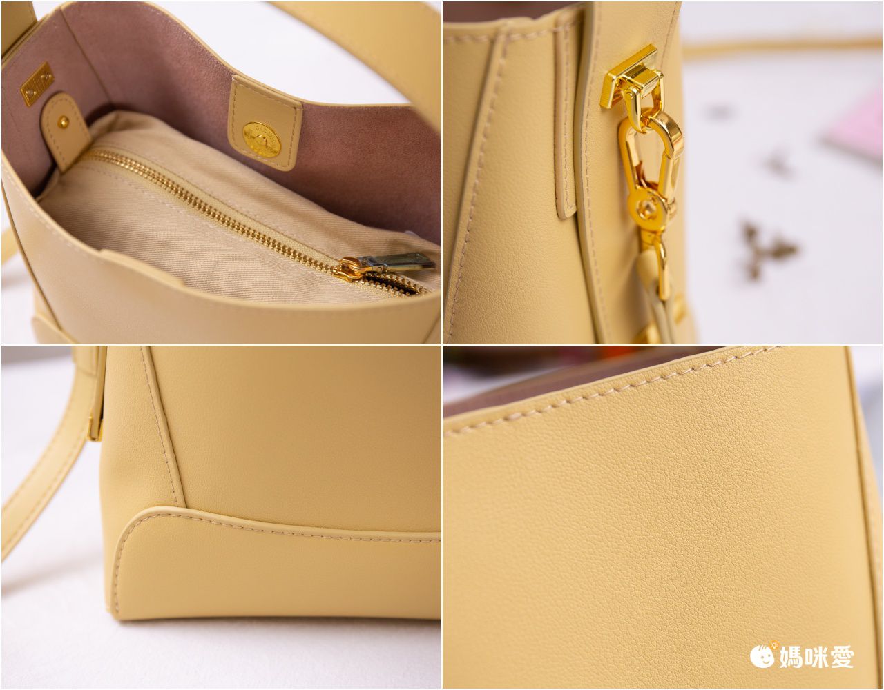真皮水桶斜挎包-附拉鍊內袋-淺黃色 (21x17x9.5cm)