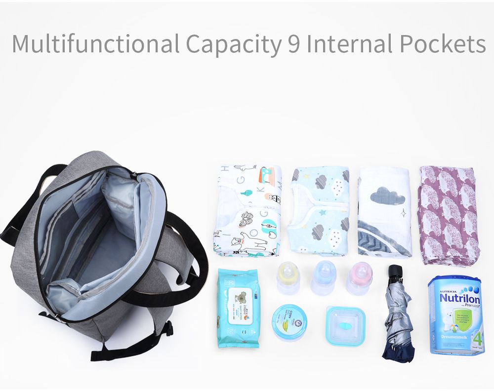 insular - 大開口多口袋手提媽媽包-黑色 (32x14x42.5cm)