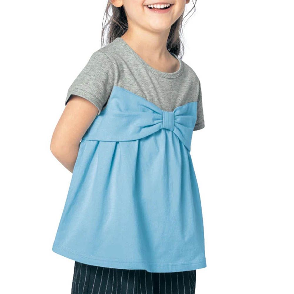 GITA 大蝴蝶結假二件短袖上衣-水藍x灰