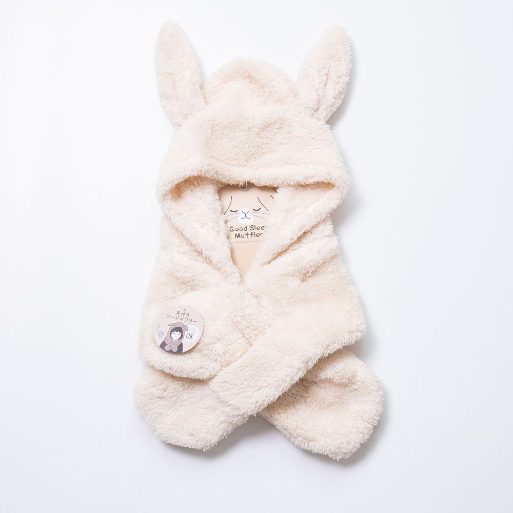 日本 AUBE - 毛茸茸保暖圍脖帽(親子通用款)-兔耳造型-米杏 (Free size)