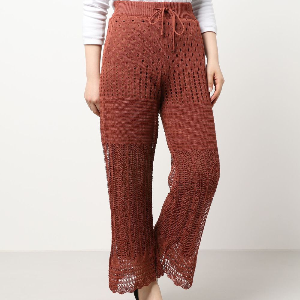 日本 Riche Glamour - 簍空針織落地長褲(有內襯)-磚紅
