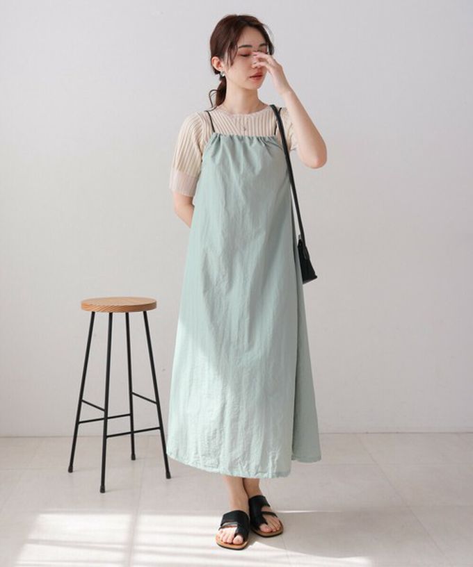 日本 Bab - 下擺澎澎氣球尼龍吊帶洋裝-米白