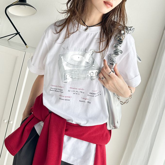 日本 Classical Elf - 純棉率性燙銀印花T恤-黑膠點唱機-炭灰