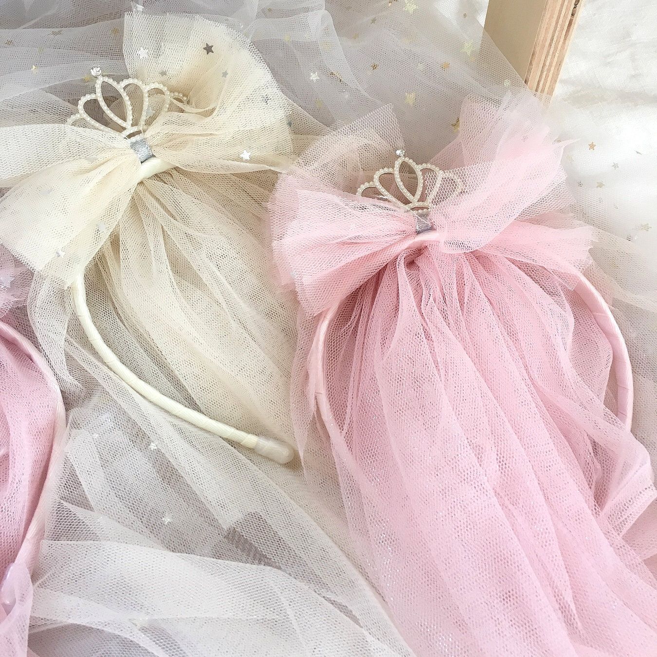 唯美蝴蝶結網紗髮箍-亮片網紗-粉色