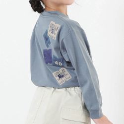 日本 devirock - 100%棉 定番印花長袖上衣-背後標籤-灰藍