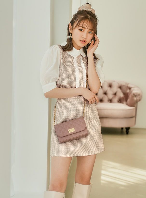 日本 GRL - 菱格紋仿皮金屬鏈小方包/側背包-米