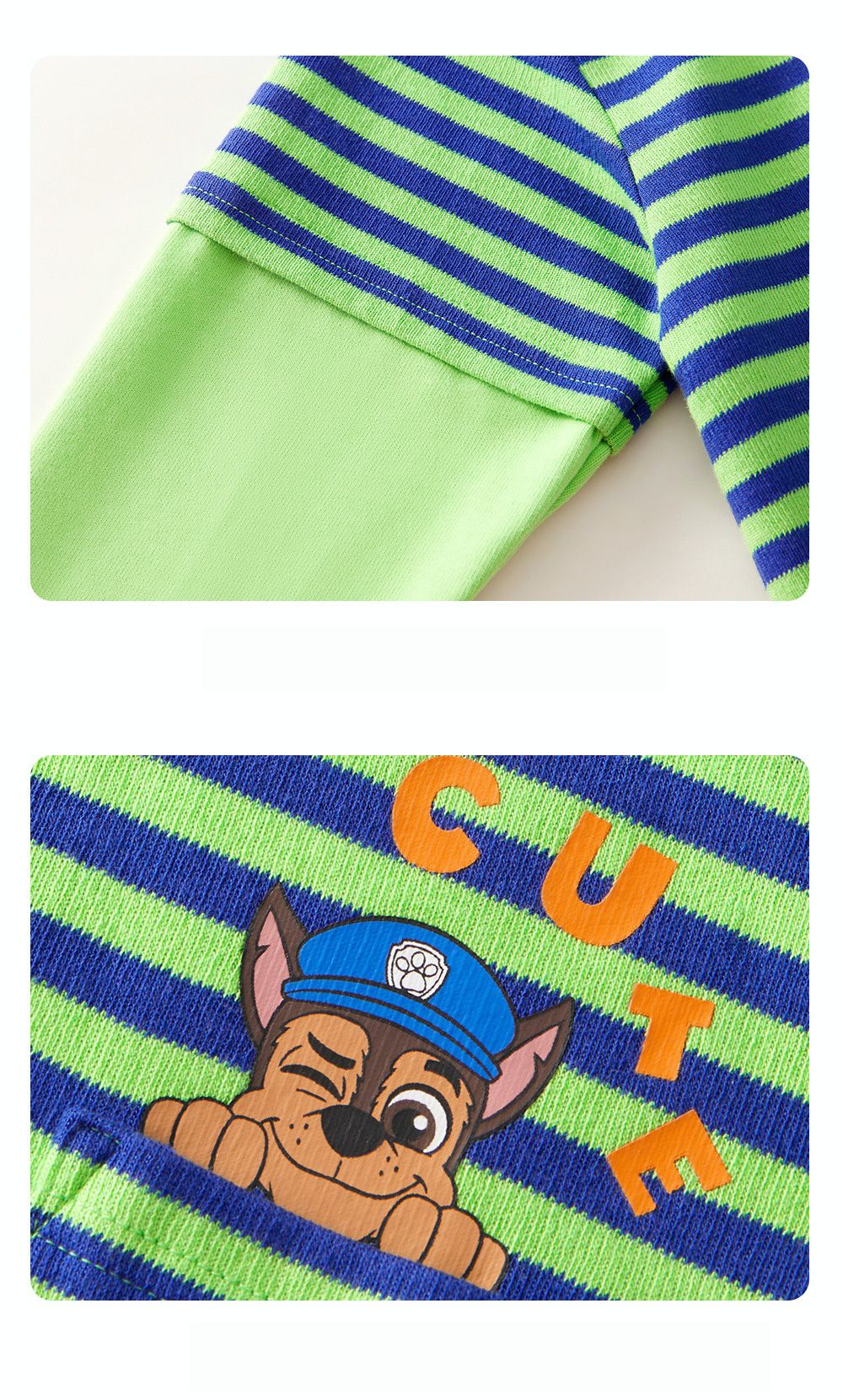 卡通汪汪隊圓領條紋拼接長袖上衣-卡通人物阿奇-綠色