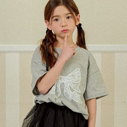 韓國南大門童裝 - W.S.B. 純棉短袖上衣-浪漫蝴蝶結印-灰