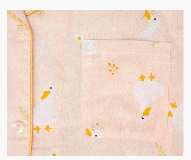 雙層棉紗布長袖家居睡衣套裝-成人款-粉橘底鴨子